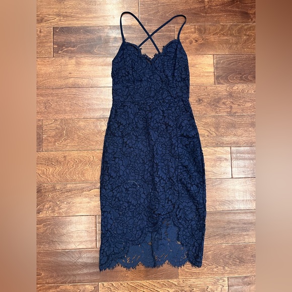 Blue Asymmetrical Lace Midi Dress - Picture 1 of 4